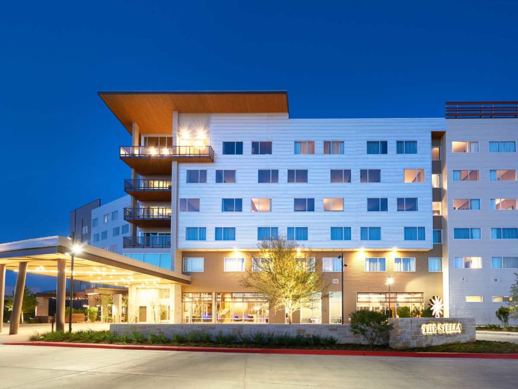 The Stella exterior in the evening.