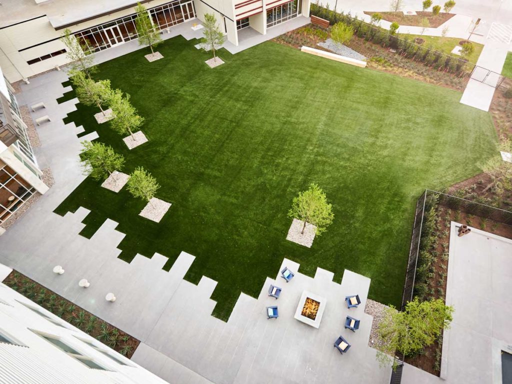 Hotel exterior courtyard area.