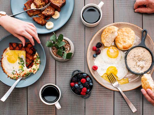 Breakfast food on a table.